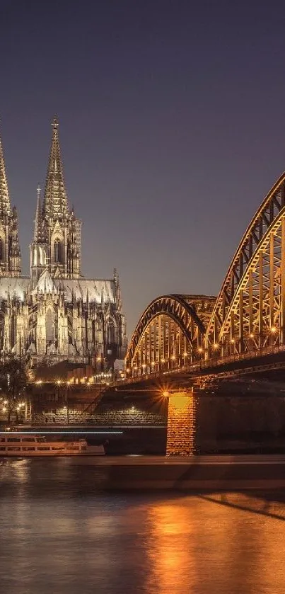 Gothic cathedral under night sky with illuminated bridge and reflections.