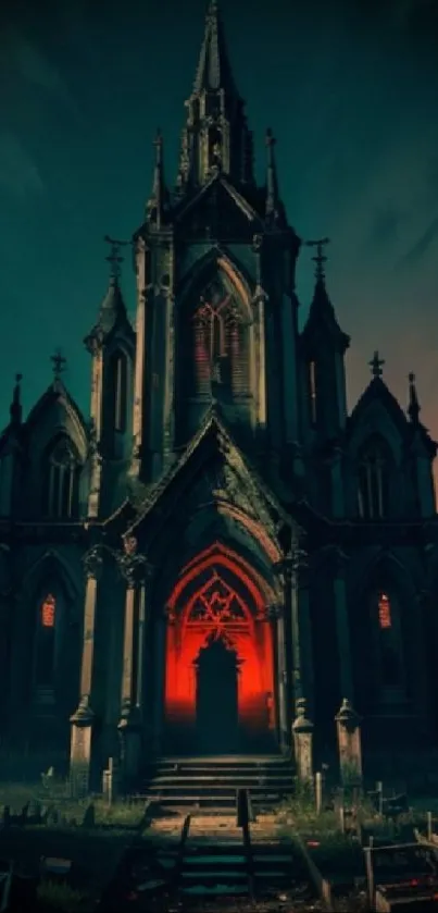 Gothic cathedral under dramatic night sky with glowing red accents.