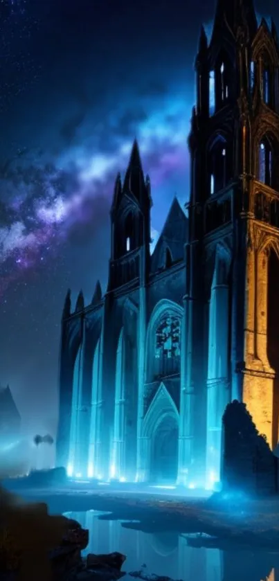 Gothic cathedral under a starry night sky with blue and orange lighting.