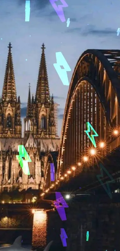 Gothic cathedral and bridge illuminated at night over river.