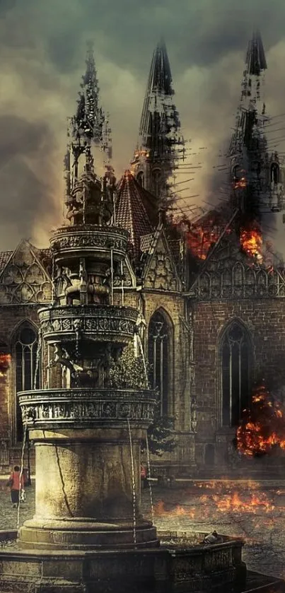 Gothic cathedral engulfed in flames with dark, dramatic atmosphere.