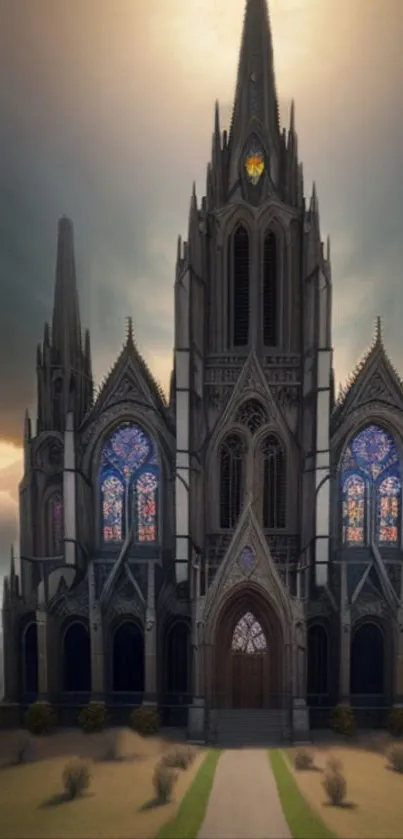 Stunning Gothic cathedral with stained glass windows under a serene sky.