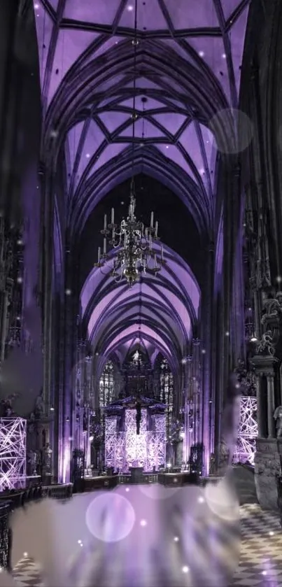 Gothic cathedral interior with purple lighting accentuates the grand architecture.