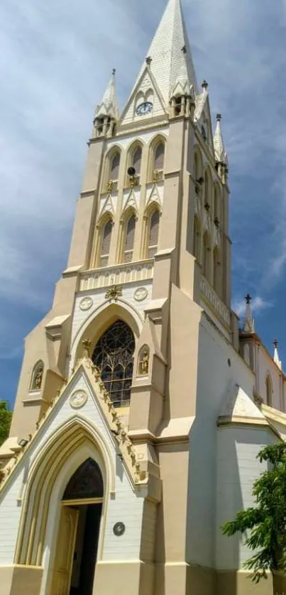 Gothic cathedral with sky blue background showcasing stunning architecture.