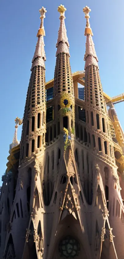 Gothic cathedral under blue sky with ornate towers, detailed architecture.