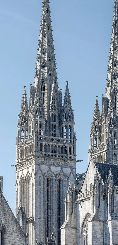 Gothic cathedral spires against a blue sky, showcasing detailed stone architecture.