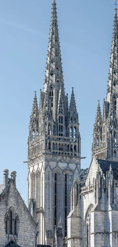 Gothic cathedral spires under a light blue sky