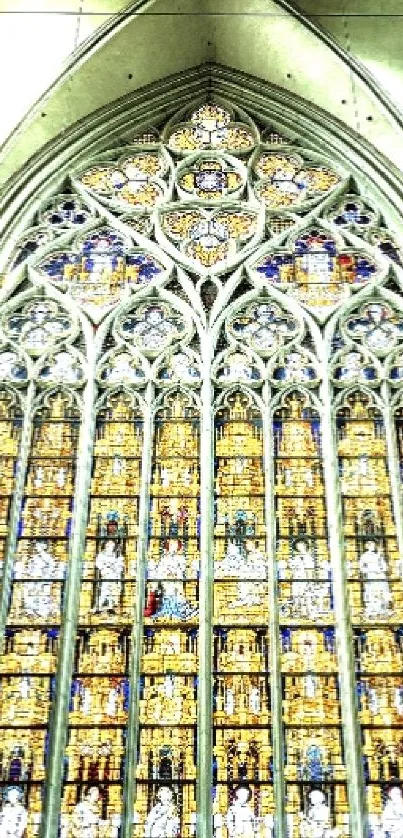 Gothic cathedral interior with stained glass window and arches.