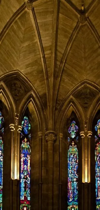 Gothic cathedral interior with vibrant stained glass windows.