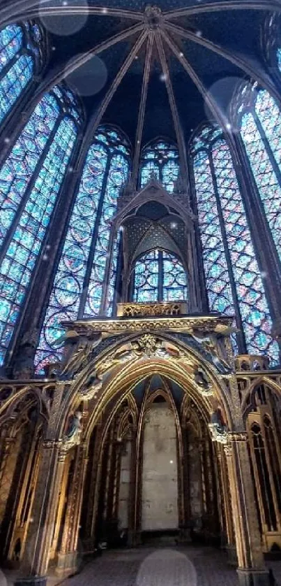 Gothic cathedral with stained glass windows and ornate arches.