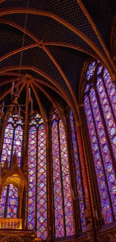 Gothic cathedral with stained glass windows casting colorful patterns.