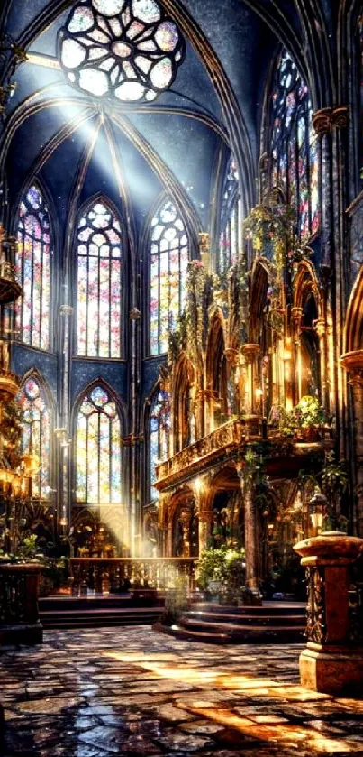 Gothic cathedral with stained glass windows and sunlit interior.