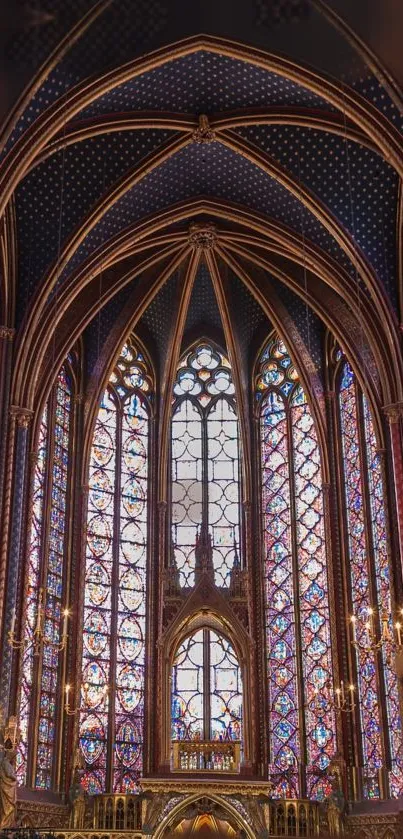 Gothic cathedral interior with vibrant stained glass windows and vaulted ceilings.