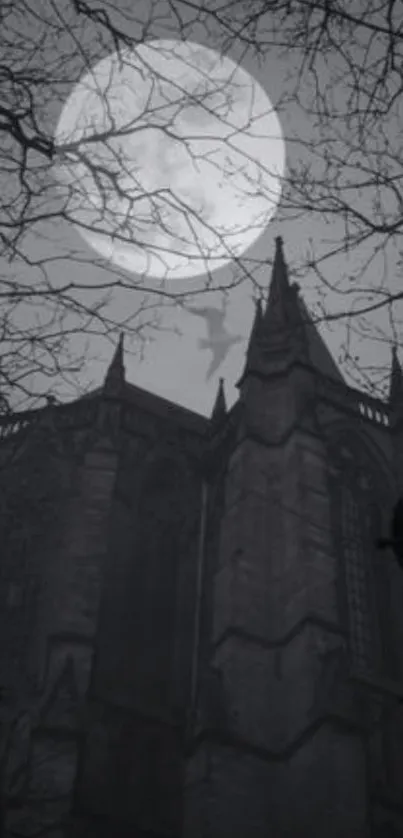 Gothic cathedral silhouette under a full moon.
