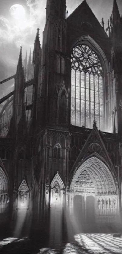 Gothic cathedral silhouetted against a dramatic moonlit sky.