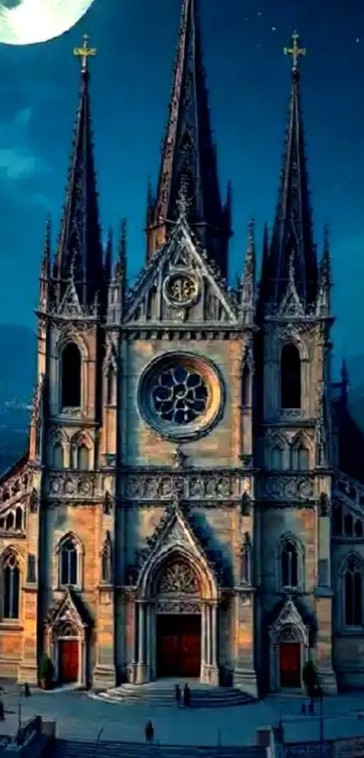 Gothic cathedral under a bright moonlit sky.