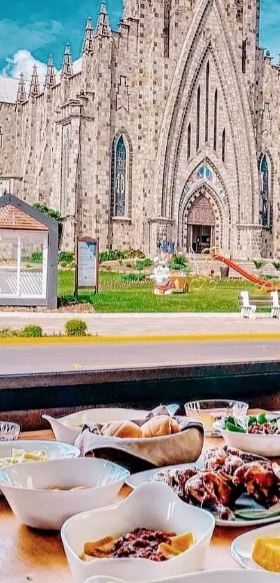 Gothic cathedral with breakfast table setup in foreground.