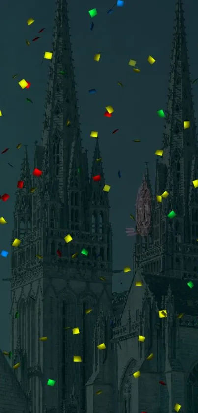 Gothic cathedral with colorful confetti falling.