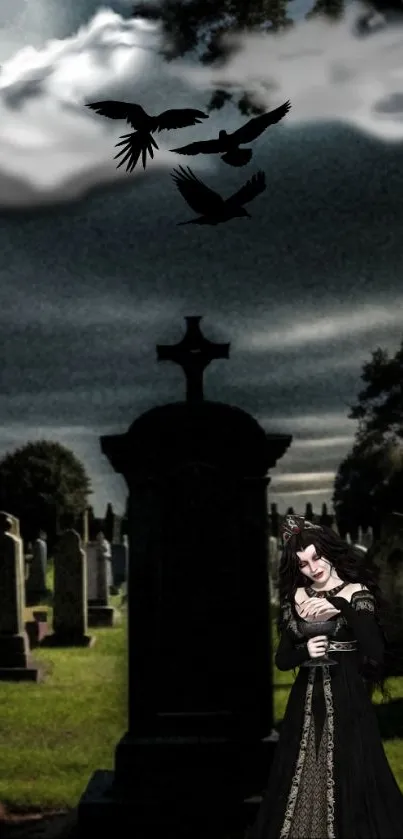 Gothic night cemetery with crows and moonlit sky.