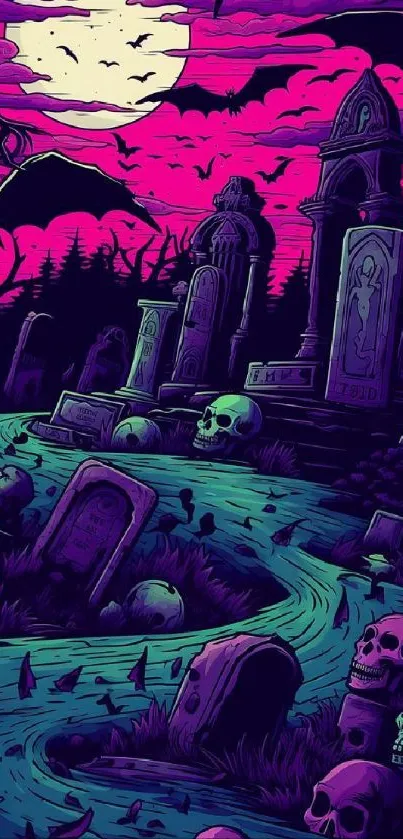 Gothic cemetery nightscape with tombstones and eerie colors.