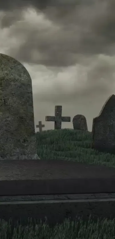 Gothic cemetery scene with gravestones under a cloudy sky.