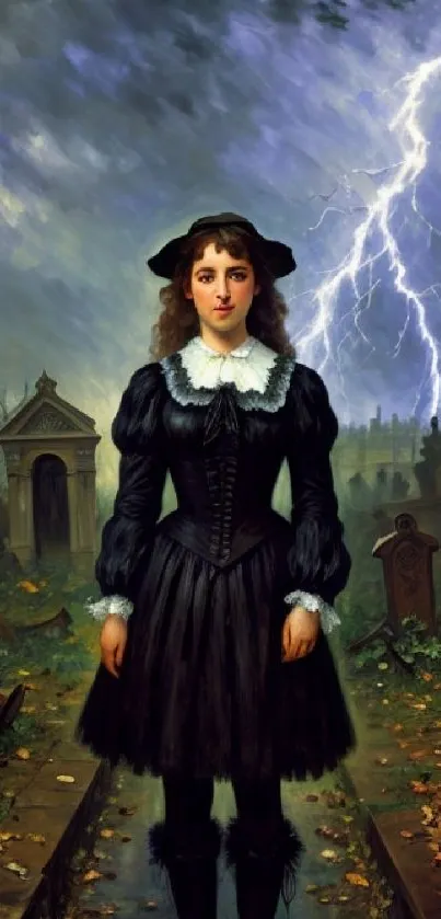 Gothic cemetery with lightning storm and Victorian-dressed figure.