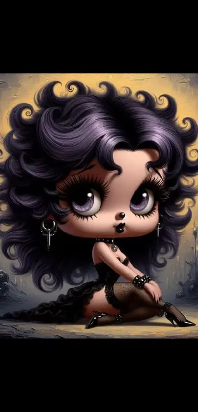 Gothic cartoon character on dark themed wallpaper with curly hair and expressive eyes.