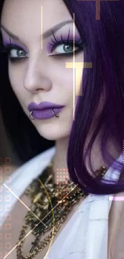 Gothic girl with purple hair and elegant makeup in a mobile wallpaper.