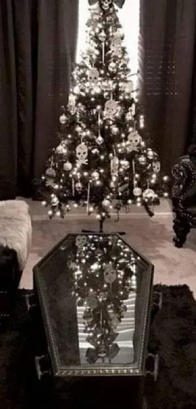 Gothic themed living room with Christmas tree and luxurious furnishings.