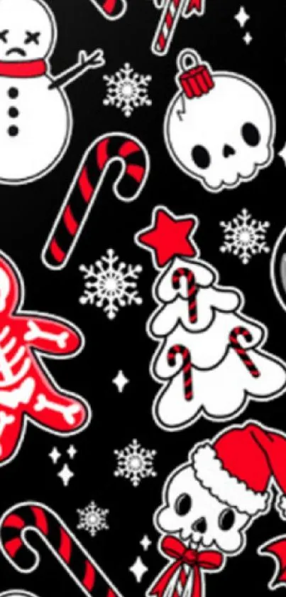 Gothic Christmas wallpaper with skulls, candy canes, and snowflakes on black background.