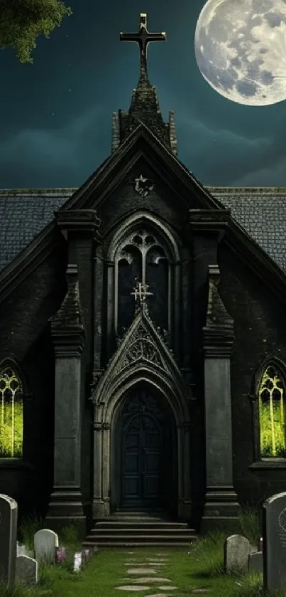 Gothic church under moonlit sky with an eerie atmosphere.