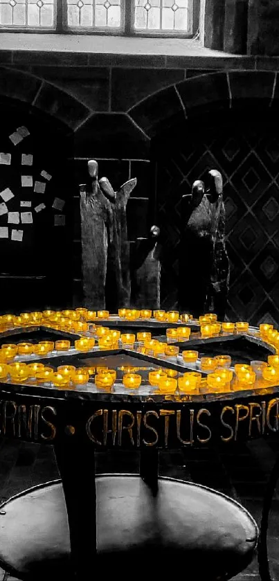 Candles illuminating a gothic church interior.