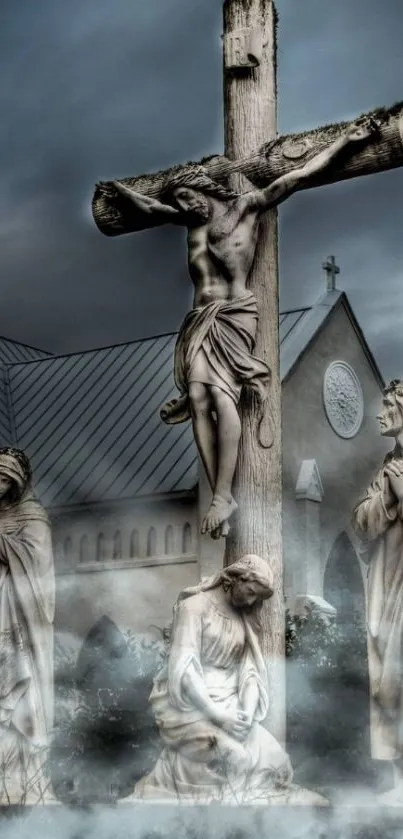 Gothic church scene with crucifix and statues in misty atmosphere.