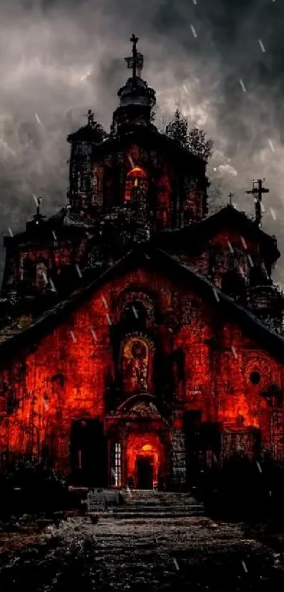 Haunting gothic church under stormy skies with red illumination.