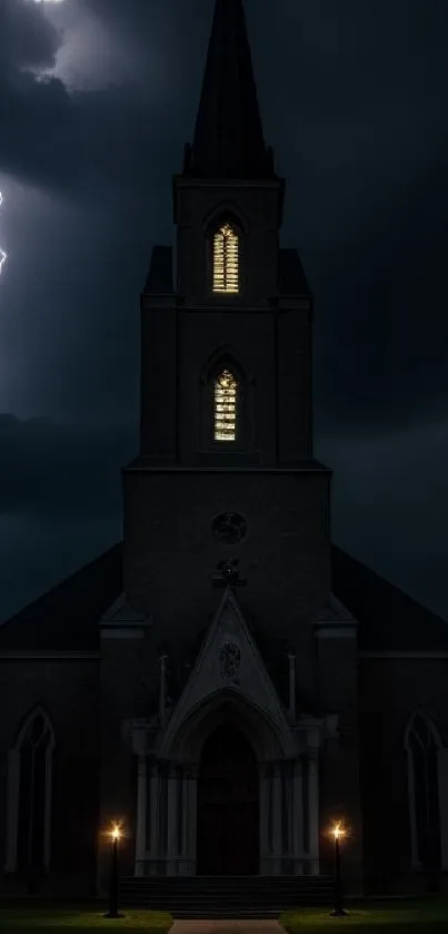 Silhouette of a Gothic church during a lightning storm at night.