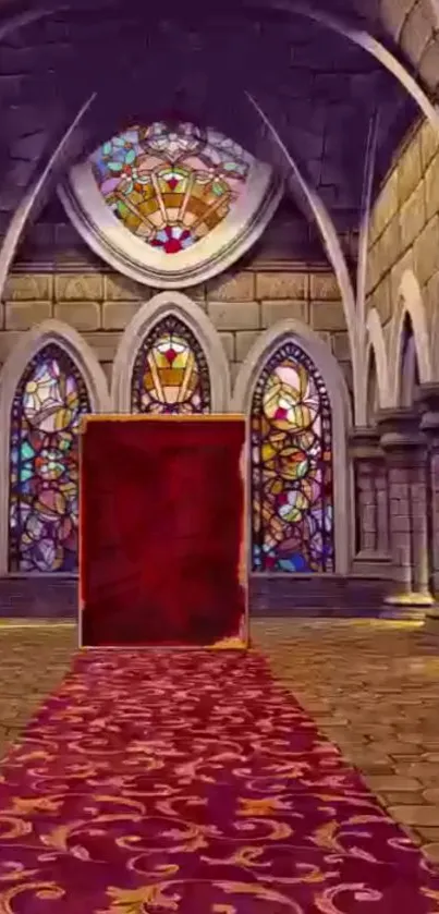 Gothic church interior with stained glass and red carpet.