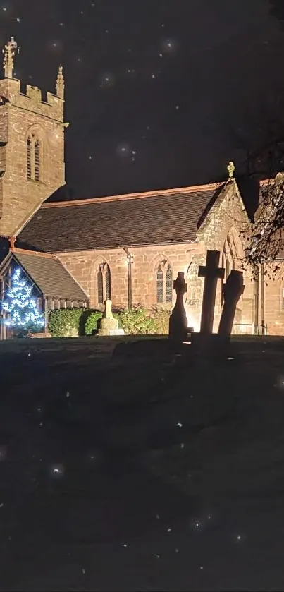 Gothic church at night with silhouettes, illuminated by soft light.