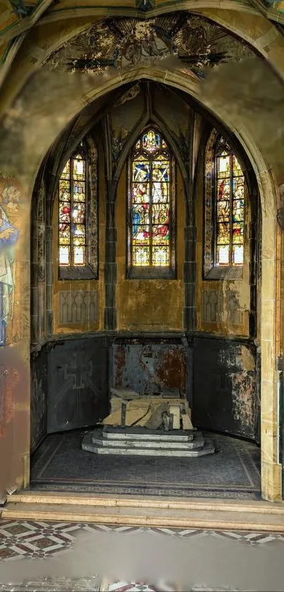 Gothic church interior with stained glass windows.
