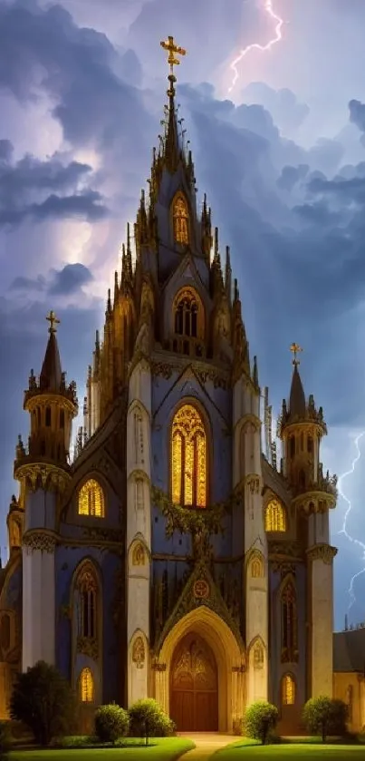 Gothic church illuminated by lightning under a stormy night sky.