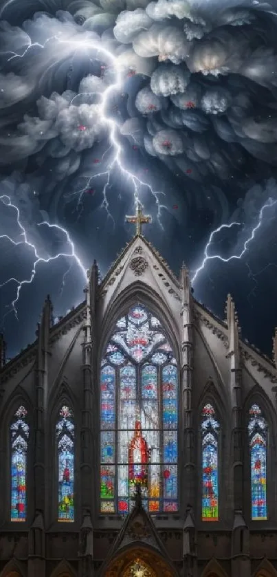 Gothic church with lightning in storm, vibrant stained glass windows.