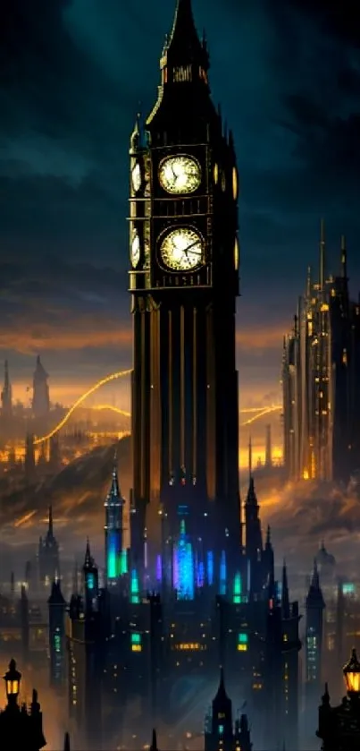 Gothic cityscape wallpaper with clock tower and night lights.