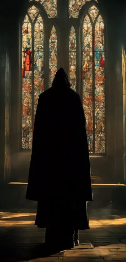 Cloaked figure standing in a sunlit cathedral with stained glass windows.