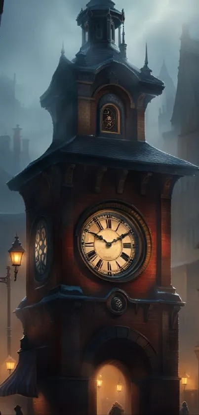 Gothic city scene with clock tower under foggy night sky.