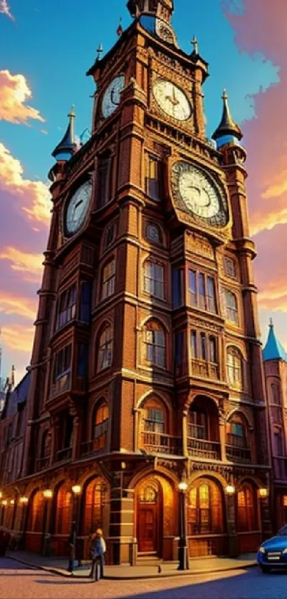 Gothic clock tower against a vibrant sunset sky, capturing architectural elegance.