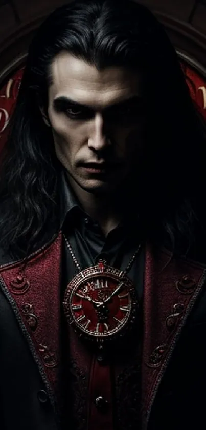 Mystical figure in dark red gothic attire with a clock pendant.