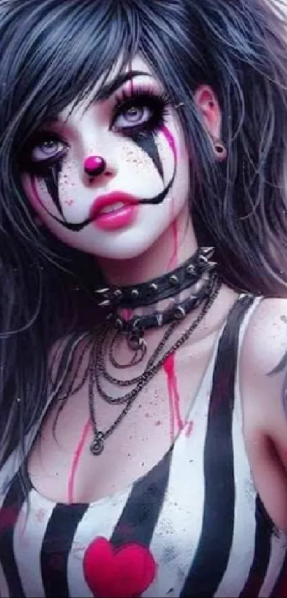 Gothic clown girl with striking makeup and tattoos on mobile wallpaper.