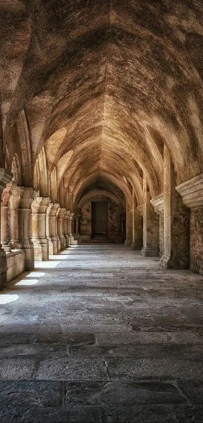 Gothic corridor with stone arches and shadows.