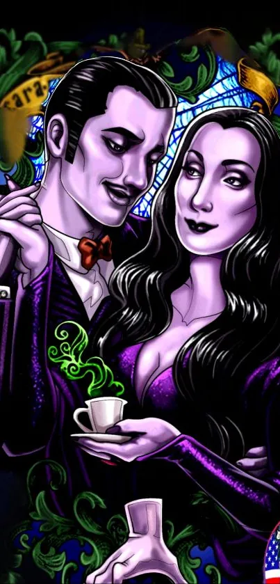 Gothic couple illustration in purple tones with skulls and swirling green design.