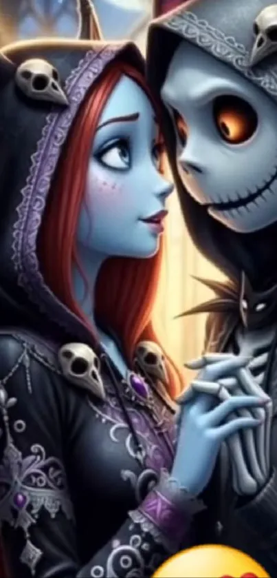 Gothic fantasy couple with skull accents in dark attire gazing at each other.