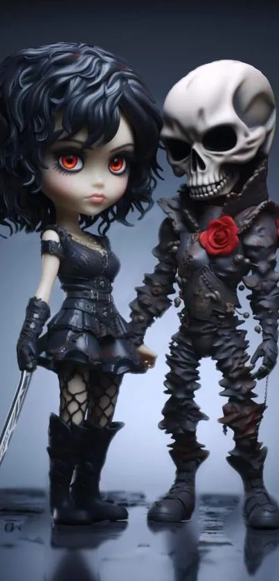 Gothic couple wallpaper with dark theme and skeletal figure.